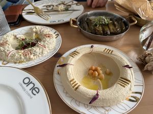 Hummus, babaghanush, grape leaves  at One Lebanese in Sunrise