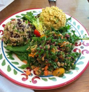 'The salad trio' - Technicolor tempeh kale salad, quiona black bean salad, and curried tofu at Frisch Compassionate Eatery in Salt Lake City