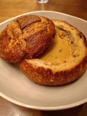 Corn chowder bread bowl at Veggie Grill by Next Level in Long Beach