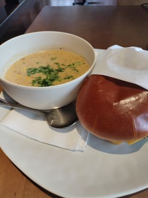 Corn chowder & veggie burger! at Veggie Grill by Next Level in Long Beach