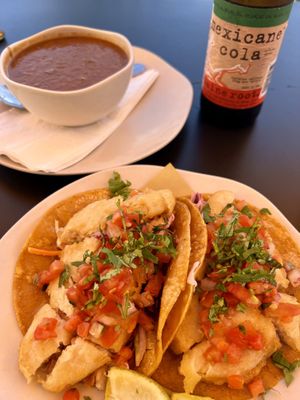‘Fish’ tacos and lentil soup!  at Veggie Grill by Next Level in Long Beach