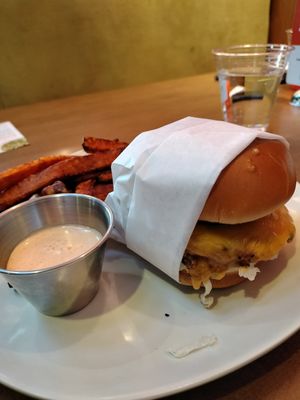 VG Classic + sweet potato fries at Veggie Grill by Next Level in Long Beach