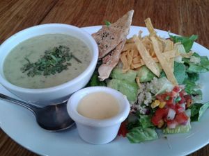 asparagus soup and Baja fiesta salad combo at Veggie Grill by Next Level in Long Beach