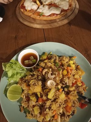 Pineapple and cashew rice (I asked to have it XL and with added mock meat) at Penne in Koh Samui
