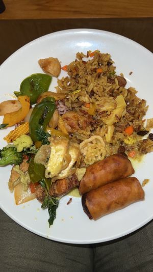 Pineapple fried rice, green curry, spring rolls and chicken cashew   at Penne in Koh Samui