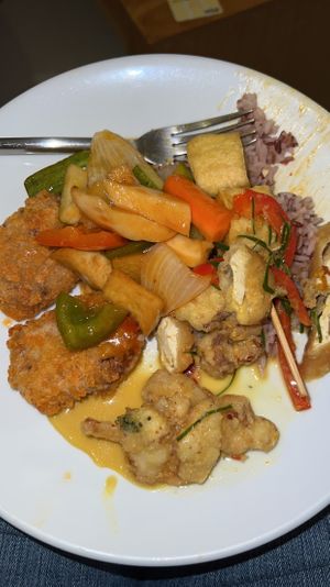 Vegan nuggets, sweet and sour, yellow curry  at Penne in Koh Samui