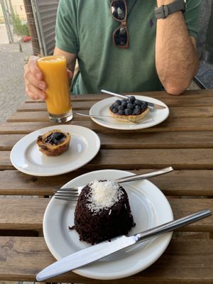 Coconut Brownie, vegan nata and blueberry pie  at A Padoca in Porto
