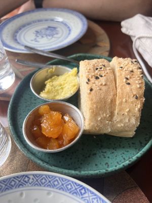 complimentary bread with garlic butter and jam  at A Padoca in Porto