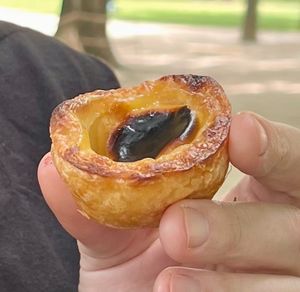 It may not look like much, but this tiny (vegan) Pastel de Nata is sheer perfection in a custard filled pastry! Divine!  at A Padoca in Porto