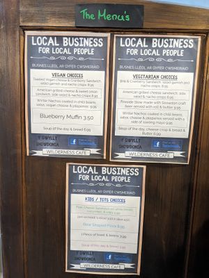 Vegan menu shown at Wilderness Cafe in Harlech