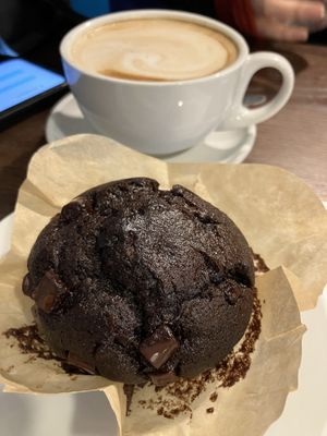 Vegan chocolate muffin and an oat milk flat white    at Wilderness Cafe in Harlech