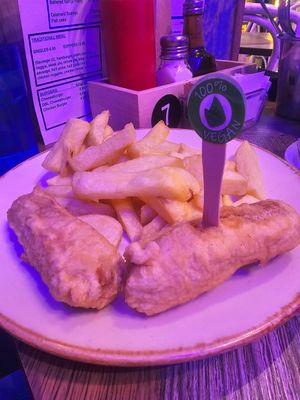 Battered Vegan Sausage and Chips at Blue Lagoon in Glasgow
