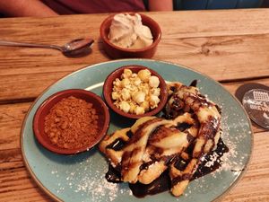 Banoffee waffles specially adapted for my preferences (biscuits and chocolate sauce) at Loaded in Southwold
