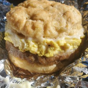 Biscuit Tower Organic house-made Buttermilk biscuit, provolone style cheese, breakfast sausage, sprouted tofu scramble at Breads on Oak  in New Orleans