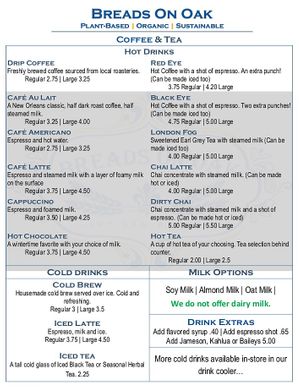 Menu  at Breads on Oak  in New Orleans