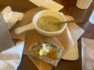 Soup and bread from bread sampler at Breads on Oak  in New Orleans