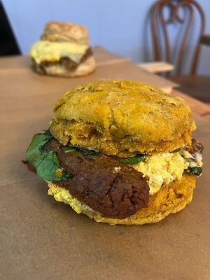 Pumpkin cheddar breakfast sandwich and sausage egg&cheese at Breads on Oak  in New Orleans