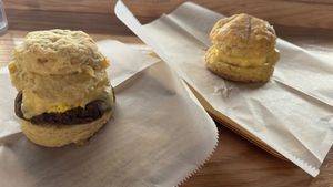 Biscuit Tower on the left, Egg-O Biscuit on RIght  at Breads on Oak  in New Orleans