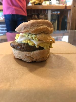 Vegan sausage, egg and cheese biscuit sandwich at Breads on Oak  in New Orleans