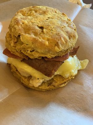 Eggs o vegan on pumpkin cheddar biscuit add andouille sausage  at Breads on Oak  in New Orleans