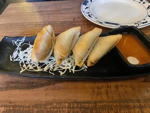 Veggie samosas (it comes with 5, I already ate one here)  at Top Burmese Burma Joy in Portland
