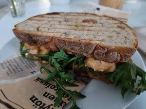 A grilled toast with tofu and rucola at Cafe Metso in Tampere