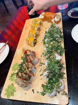 Shiitake to me (left), spicy kaluna crunch, bottom Thai hippie 2x, and far right is cowboy caviar. CC tasted like a McDonald's burger. at Blue Sushi Sake Grill in Birmingham