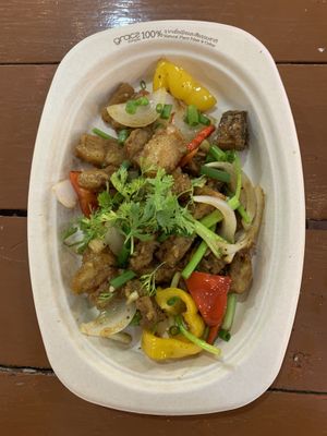 Pork style plant based protein with sweet peppers and garlic  at Pakbai - Food Stall in Chiang Mai
