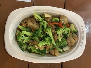 Pork style plant based protein with broccoli   at Pakbai - Food Stall in Chiang Mai