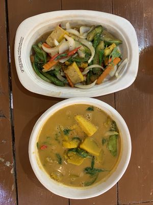 Red curry with pumpkin and tofu and eggplant with sweet basil  at Pakbai - Food Stall in Chiang Mai