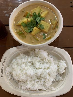 Red curry with Shan chickpea tofu and pumpkin   at Pakbai - Food Stall in Chiang Mai