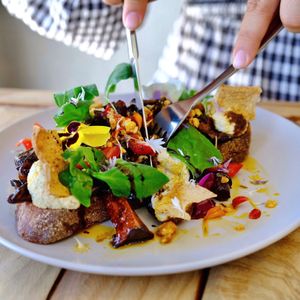 Adobo tofu and mushroom bruschetta  at Pala in Osborne Park