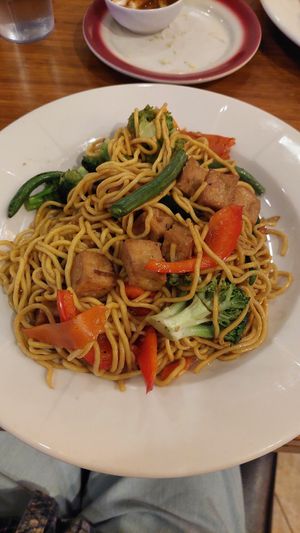 Yellow noodles with tofu at Pho Le Restaurant in Boston