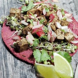 Tempeh Tacos with beet infused house made tacos topped with mung bean, radish slaw at Spoon and Sprout in Houston
