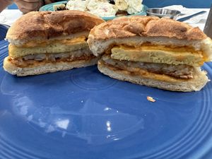 Vegan bacon egg and cheese deluxe  at Smile of the Beyond in Jamaica