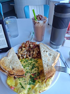 Vegan artichoke bacon frittata and vegan mocha milkshake. Delicious! at Smile of the Beyond in Jamaica