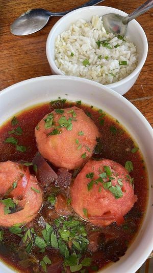 Vegan mushroom balls wrapped with semolina in Beetroot soup at La Hummuseria in Playa Venao