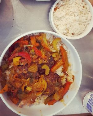 Morrocan vegi mix with yellow rice and tahine at La Hummuseria in Playa Venao