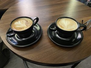 Flat white and cappuccino. Good coffee    at Roots in Frankfurt