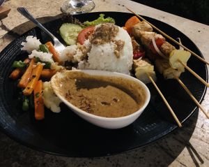 Tempeh skewers { sorry my husband starting eating before I had a chance to photograph the meal😄}  at Red Pomelo Bar & Restaurant in Penida Island