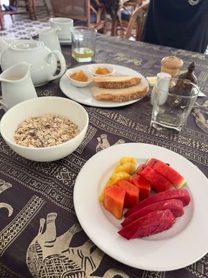 Muesli with soy milk and fresh fruits (soooo nice) at Bambu Hotel Restaurant in Battambang