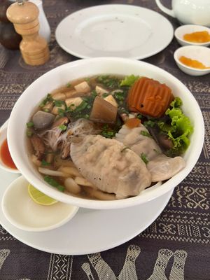 Vegan noodle soup (absolutely delicious) at Bambu Hotel Restaurant in Battambang