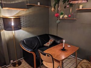 Corner table downstairs at Svermeri kafe og redesign in Tromsoe