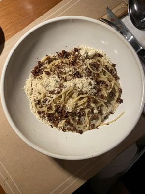 vegan carbonara  at Caracolla Café e Restaurante  in Sao Paulo