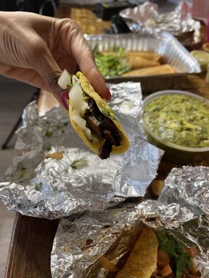 Inside vegan steak fajita   at Taco Circus in Clayton
