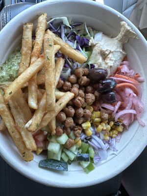 Vegan wrap, but in a bowl, add fries. I loved the sauce and crispy chickpeas especially!  at Spitz in Frisco