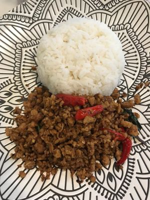 this was a vegan meat with rice, great at May Veggie Home Express - ประสานมิตรพลาซ่า in Bangkok