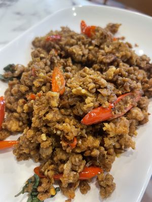 Pad kra Pao - spicy and huge portion   at May Veggie Home Express - ประสานมิตรพลาซ่า in Bangkok