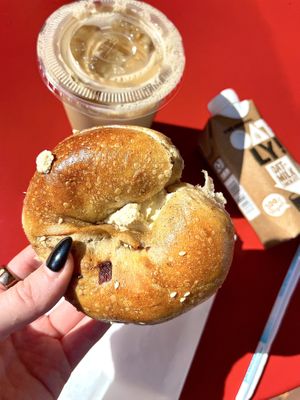 Cinnamon raisin bagel w vegan schmear   at Starship Bagel in Dallas