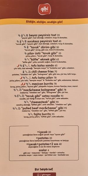 Menu at Gibi Vegan in Izmir